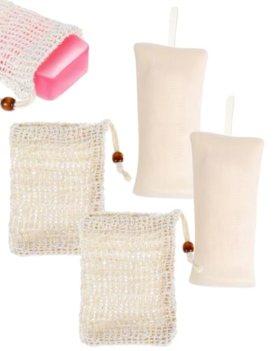 HUVZOR 4 Piezas Bolsas para Jabón Ecológicas de Sisal, Red de Jabón Antideslizante de Lino Natural, Bolsitas Exfoliantes para Jabón y Champú Sólido, 14cm x 9cm, Reutilizables y Biodegradables
