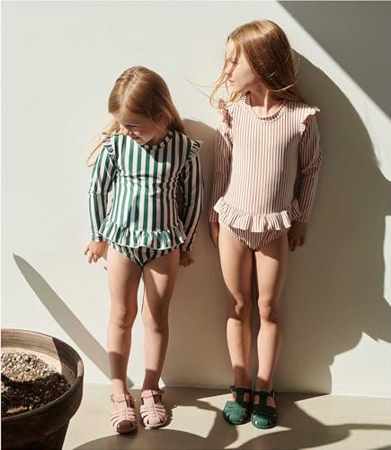 Image of Girls One Piece Swimsuits Zipper Rash Guard Long Sleeve Bathing Suit with Ruffle Hem UPF50+