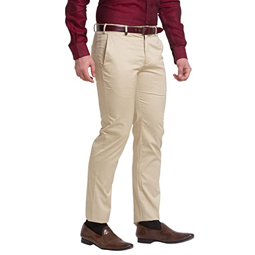 Image of Park Avenue Men's Pure Cotton Solid Pattern Super Slim Fit Flat Front Formal Chinos