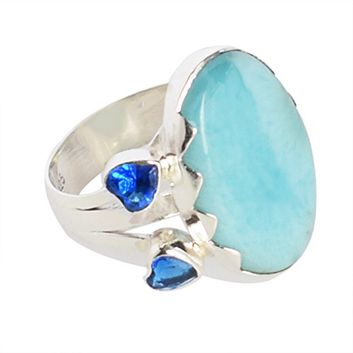 Bague en argent 925 avec grand quartz bleu cabochon et larimar