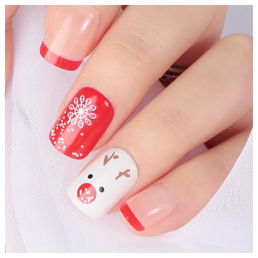24pcs Uñas Postizas Navidad Rojo Copos de Nieve Reno 10 Tamaños Uñas Postizas Manicura Francesa Navideño Nail Art