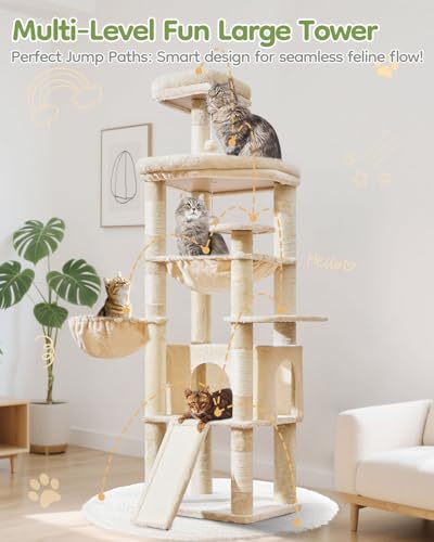 Taoqimiao Rascador para Gatos Grandes, 183cm Arbol Rascador para Gatos com Plataformas Grande, Espacioso Cuevas, Cesta, Hamaca MS045T Verde - imagen 8
