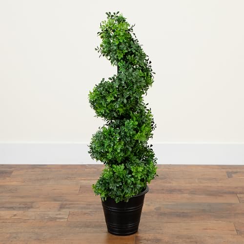 Nearly Natural 3ft UV-Resistant Boxwood Spiral Topiary Artificial Tree – Indoor/Outdoor Faux Greenery in Black Decorative Planter, Lifelike Synthetic Bush for Home or Garden Decor by Nearly Natural - Used condition - Image 4