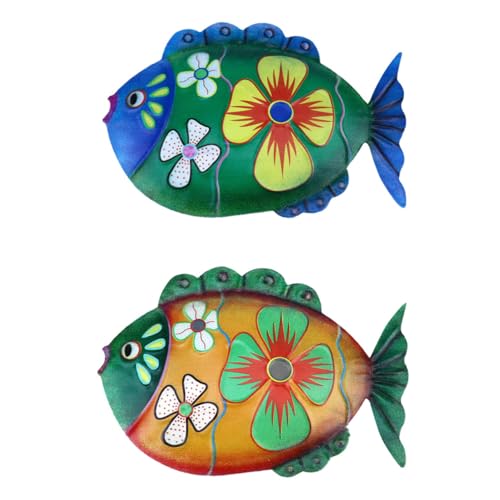 Happyyami 2 piezas Decoración Pared Hierro Colgante Pez Arte Mural Jardín Hogar Ornamento Verde Amarillo