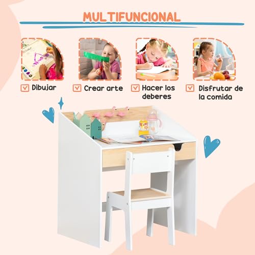 Miniatura 5 de Homcom Escritorio Para Niños Con Silla De 3 A 6 Años Pupitre Infantil De 2 Piezas Con Cajón Y Estantes De Libros Escritorio Infantil Para Estudio Dormitorio Blanco Y Natural