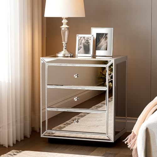 IKIFLY Mirrored Nightstand with 3 Drawers Silver End Table with Crystal Handles Modern Bedside Table for Living Room Bedroom