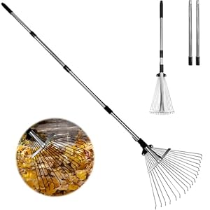 Adjustable Metal Leaf Rake Long Handle, Garden Rakes for Lawns ， Leaves with Expandable Head ,Rake for Gardening RV Camping.for Men Women Kids.