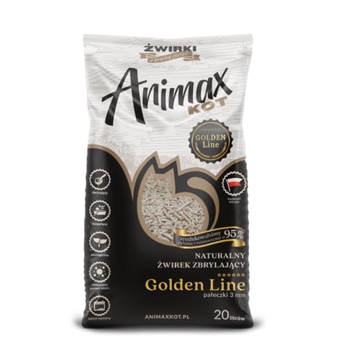 Animax Golden Line 3 mm Cat Litter 20 L | Fine Clumping Wood Pellet Litter | 95% Less Dust | Absorbs up to 400% Weight | Biodegradable Safe for Pets (20L)