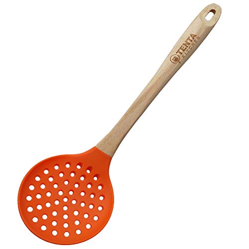 Tenta Kitchen Silicone Slotted Skimmer Slotted Spoon Slotted Ladles with Good Grips Ergonomics Light Wooden Handle Heat Resistant Cooking Utensils for Kitchen Cooking Baking Orange 1pc