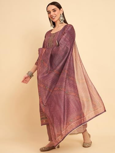Image of SheWill Kurta Sets for Women - Red Rayon Aari Hand Work with Digital Floral Print Kurta with Pant and Chanderi Dupatta |Stylish Printed Summer Kurti Set