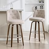 WOOW DEPOT Counter Height Bar Stools Set of 2, 65cm Swivel Mid-Century Modern Barstools with Back, 10cm Thick Padded Seat, Walnut Curved Wood Legs, Upholstered Linen, 150kg Load