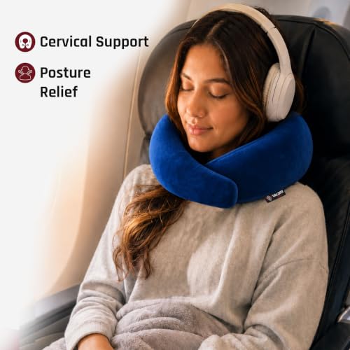 Image of Premium Memory Foam Neck Pillow by ValorX USA for Travelling 360 Neck Support with Adjustable Velcro Straps & Ultra-Soft Velvet Cover, Blue