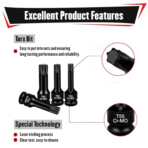 Image of YIYITOOLS 8Pcs 1 /2 inch Drive Impact Torx Bit Socket Set, Cr-Mo Steel, T30 T40 T45 T50 T55 T60 T70 T80, Impact Drive Allen Socket Kit