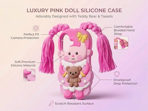 Image of amazon basics Cute 3D Pink Doll Silicone Mobile Case for iPhone 17 - Aesthetic Cartoon Girl with Braided Tassels & Teddy Bear, Soft Shockproof Protective Back Cover for Girls & Kids