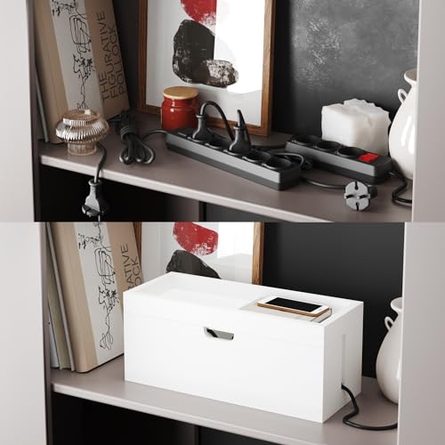Kabelbox & Aufbewahrungsbox mit Deckel aus weißem Bambus Holz, Kabelmanagement Organizer Box – verstaut Kabel & vermeidet Kabelsalat (plastikfrei & robust mit praktischer Ablagefläche) KD Essentials