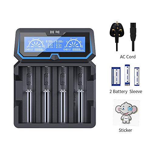 Protected 21700 Battery Charger XTAR X4 18650 Charger LCD Display AC and USB Input Port with Wall charger 2A Fast Charger USB Output for Rechargeable 3.6V 3.7V Li-ion 1.2V Ni-MH Ni-CD Batteries