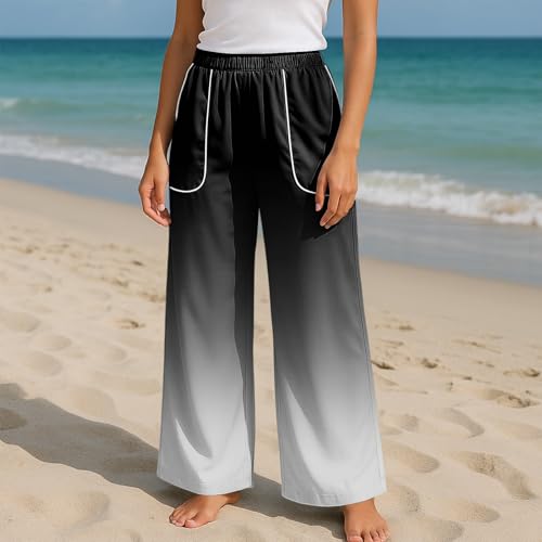 Wide Leg Pants for Women Gradient Elastic High Waist Large Pockets Patchwork Edge Pant Loose Lounge Trousers3