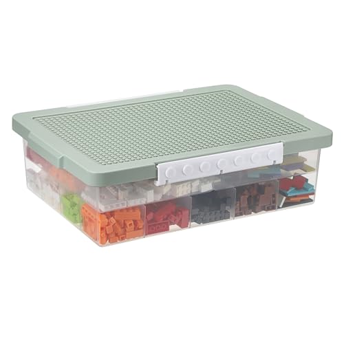OGANAZI Plastic Building Block Bricks Storage Box Containers with Sorting Tray and Building Plate Lid, Lego Box Lego Organiser with Snap, Double Layers and 30 Compartments, Green, 32.5 * 23.5 * 11cm