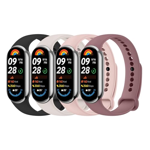 Mugust 4Pack Correas para Xiaomi Mi Band 9/10/8 Mujer Hombre,Silicona Coloridos Recambio Suave Pulseras de Repuesto para Xiaomi Mi Smart Band 8/9/10(Negro/Rosa/Starlight/Púrpura)