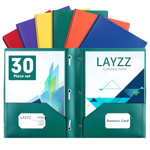 Plastic Two Pocket Folders with Prongs, LAYZZ 30 Pack...