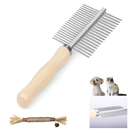 Image of Double Row Undercoat Rake for Dogs & Cats - Wooden Handle Metal Dog Comb, Pet Grooming Dog Rake for Deshedding & Detangling