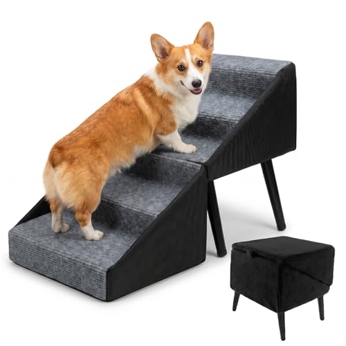 Foldable Dog Stairs for Small Dogs – 2-in-1 Pet Steps & Ottoman – Non-Slip Wooden Steps for Couch, Ideal for Puppies, Seniors & Injured Dogs