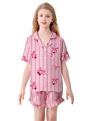 Umeyda Girls Satin Silky Collar V Neck Ruffle Short Sleeve Top and Shorts Pajamas Set, Pink Bow Cherry, 5-6 Years2