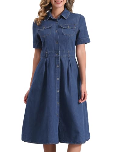 Allegra K Denim Dress for Women's Collared Short Sleeve A-Line Button Up Jean Midi Dresses