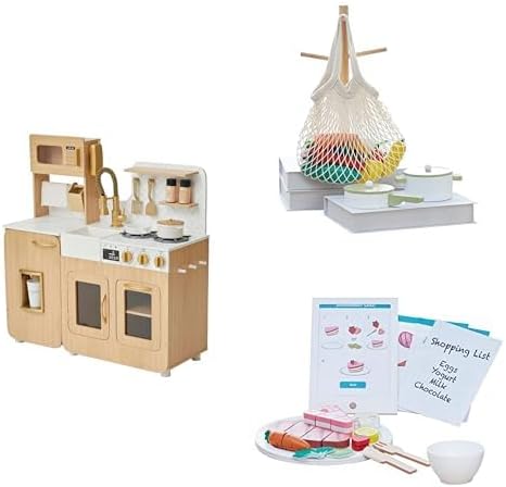Teamson Kids Juego de cocina de madera 3 en 1 con máquina de hielo, tableta de cocina de Frankfurt de 27 piezas con recetas y juego de corte de