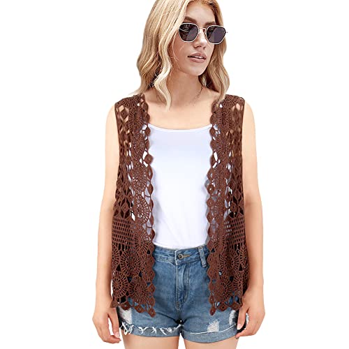 Image of Womens Floral Crochet Lace Boho Trim Sleeveless Open Front Vest Cardigan