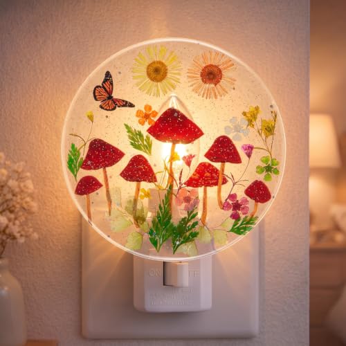 Image of Glooglitter Pressed Flower Night Light Plug in-Handmade Dried Floral Wall Night Light, Glow Decorative Nightlight for Hallway Bedroom Nursery Bathroom, Vintage Botanical(Red, Mushroom)