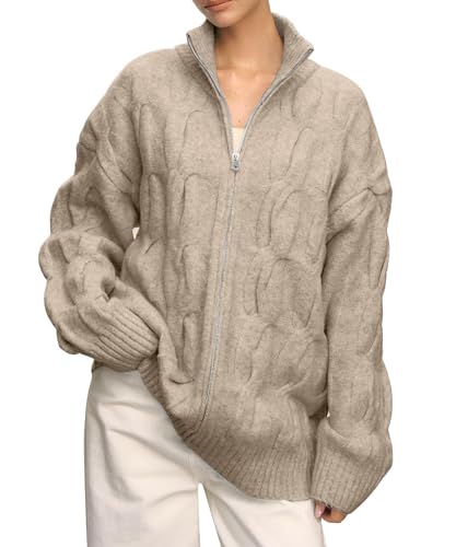 Cable Knit Zip Up Cardigan Turtleneck Sweaters Unisex Open Front Zipper Oversized Sweater3