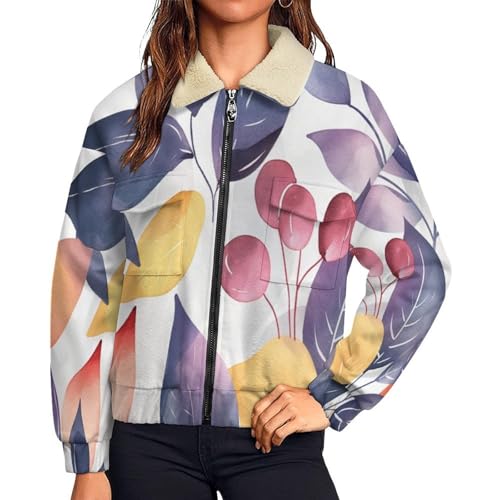Blouson court doublé sherpa pour femme avec col revers élégant et imprimé fleurs chic