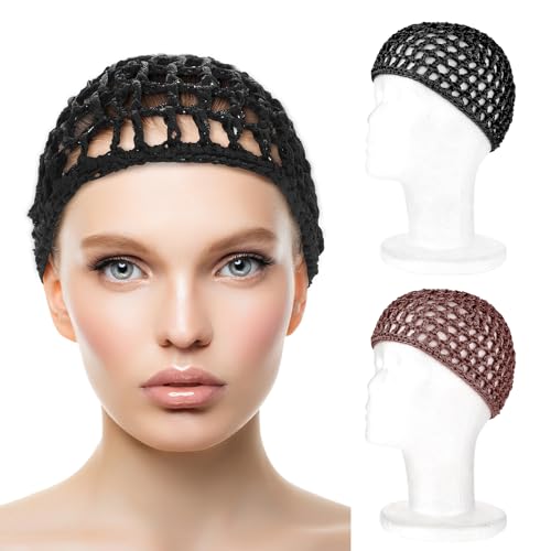 Hair Net Wrap 2 PCS Elastic Sleep Net Hairnet Knit Sleeping Cover Breathable Crochet Head Cap Stretchy Mesh Bandana Anti Frizz Shower Bathing Hats Press Absorption Curly Straight Hair(Brown/Black) - Image 2