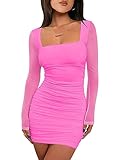 ANRABESS Women's Formal Dresses Long Sleeve 2024 Spring Fashion Trendy Wedding Guest Elegant Ruched Bodycon Tight Square Neck Mini Short Dress Summer Sexy Evening Party Wear A1176meihong-S Hot Pink