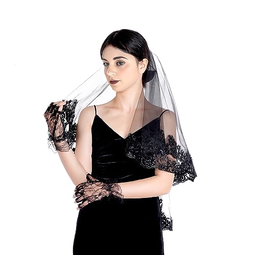 Choyaxo Black Lace Floral Wedding Veil with Comb and Gloves for Women Brides Cosplay - Thumbnail 5