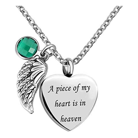 CoolJewelry 12 Birthday Stone Angel Wing Love Heart Stainless Steel Pendant for Ashes Cremation Memorial Jewelry Cover
