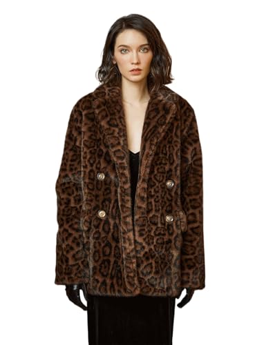 BEAUTELICATE Women Leopard Print Fleece Coat Loose Fur Coat with Pockets Lapel Faux Fur With Satin Lining