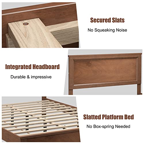 Komfott Wooden Bed Frame With Headboard, Mid Century Platform Bed With Solid Wood Slats Support & Rubber Wood Legs, Slatted Bed Mattress Foundation, No Box Spring Needed, Easy Assembly (Walnut, Full) #TOP5