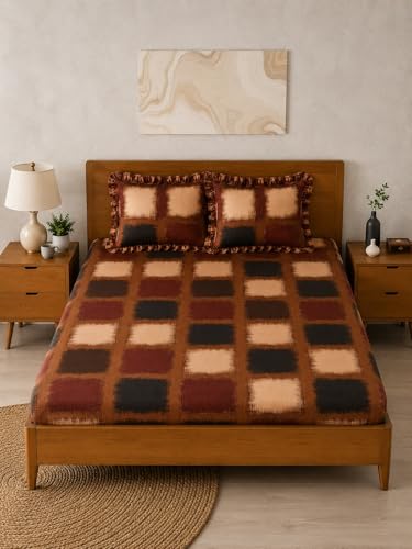 Image of 350 TC Premium Heavy Cotton Feel Elastic Fitted Bedsheet King Size with 2 Frill Pillow Covers King Size || Double Bed with All Around Elastic (Coffee Box, King)
