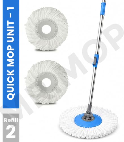 Image of Mr.Mop 360 Spin Universal Blue Stick Rod with 2 Microfibre White Refills - Magical Extendable Handle Pocha Rod for Floor Cleaning