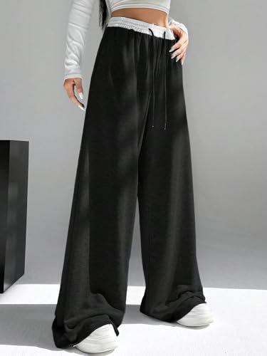 Image of dockstreet Straight Long Length Trouser Style Drawstring Contrast Belt Black and White Trackpant for Women /Trending, Relaxed Casual Lowers for Women
