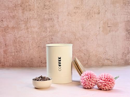 Image of JISCOVERY Airtight Tea & Sugar Container Set of 2| Metal Storage Canister with Wooden Lid for Kitchen| Storage Box for Kitchen Counter Top| 1300 ML| Beige