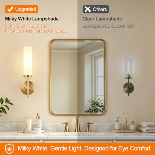Image of [Hardwired] Wall Sconces Set of Two, Brushed Gold Bathroom Sconces with Milky White Glass, Modern Wall Light Fixtures for Bathroom Mirror Vanity, Living Room, Hallway, Stairway, Cabinet, Foyer