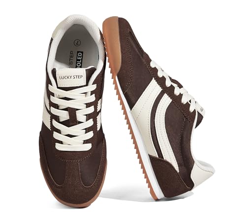 LUCKY STEP Womens Fashion Sneakers Thin Sole Lace up Tennis Shoes Lightweight Walking Running Gym Workout Classic Retro Footwear Anti Slip Trainers(Dark Brown 8 B(M) US)