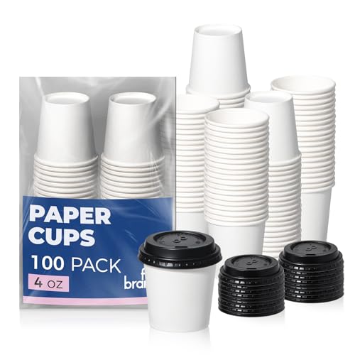 Fit Meal Prep 100 Pack 4 oz Disposable Coffee Cups with Black Lids Mini Hot/Cold To Go Coffee Cups Leak Proof Paper Cups with Lids for Tea Cocoa Espresso
