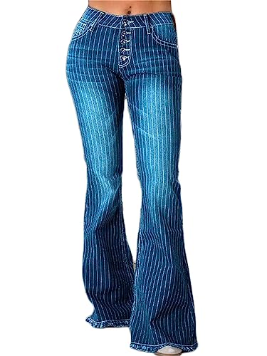 Andongnywell Women's Striped Bell Bottom Jeans Boho Comfy Stretchy Flare Pants Classic High Waist Flared Denim Jean