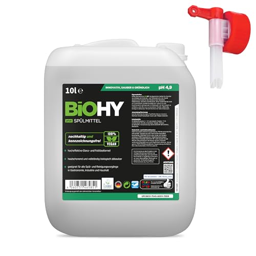 BiOHY Detergente para lavavajillas Plus (bidón de 10 litros) + grifo de salida, concentrado líquido orgánico para vajilla con etiqueta ecológica de la UE, desengrasante extra potente, para dispensador