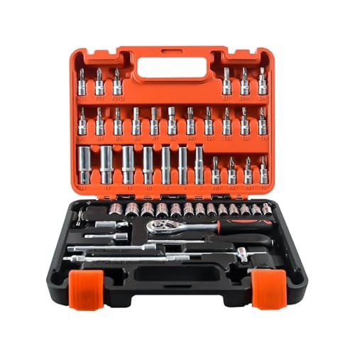 ZHYIBDE Kit de herramientas reparación automóviles 53 piezas con estuche plástico: juego vasos, llave trinquete, dinamométrica y manuales para el mantenimiento vehículos motocicletas