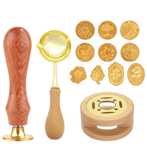 Juego de Sellos de Cera, Cabezal de Sello, Calentador De Sello De Cera, Cuchara de Fusión, Sello Lacre Kit, Cabezas de Sello de Lacre, con 10 Cabeza de Sello, para Tarjetas, Sobres, Invitaciones